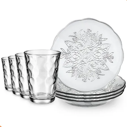 Aparelho De Jantar Vidro 8 Peças Pratos E Copos Kit Completo Rosas
