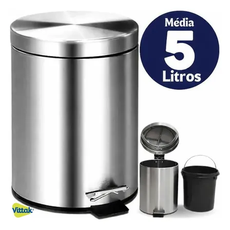 Vittak Lixeira 5 Litros De Aço Inox Redonda Cesto Balde Banheiro Casa Lixo Cor Cinza