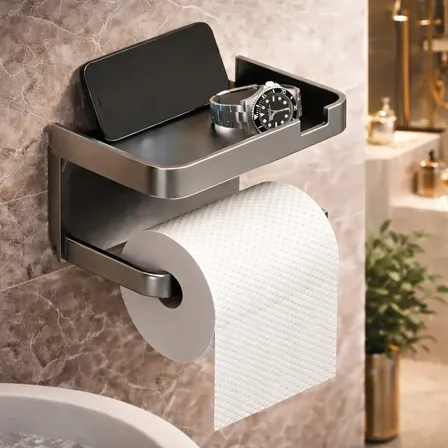 Suporte Papel Higiênico Adesivo De Parede Com Prateleira Porta Celular Sem Furo Ligeiro Cinza