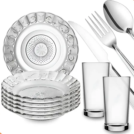Aparelho De Jantar 30 Peças - Pratos + Copos + Talheres Inox