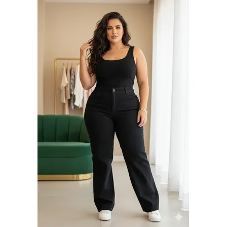 Calça Plus Size Jeans Feminina Wide Leg Levanta Bumbum