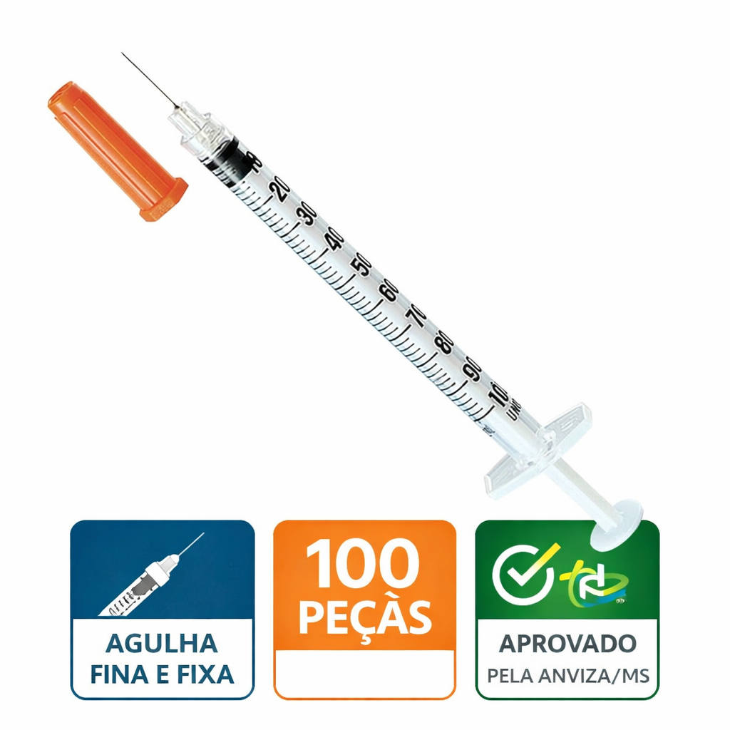 Seringa De Insulina Agulha Fina 10/20/50/100 Unidades Agulha Fixa de 100ui