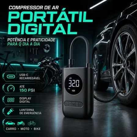 Compressor De Ar Portátil Digital Bhcases 80w Usb-c Para Carro Moto Bike Preto 127/220v 60 Hz