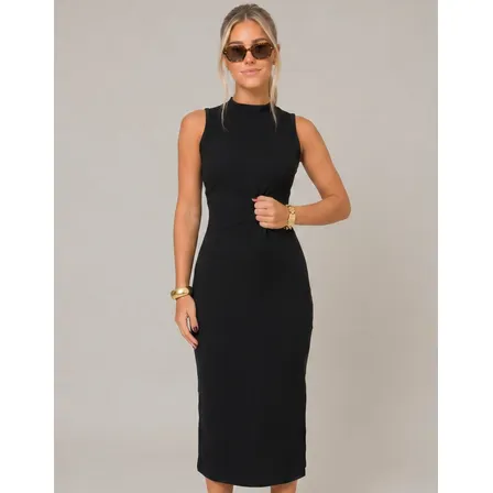 Vestido Midi Canelado Casual Básico Modelador Regata Casual Preto G (40-42)