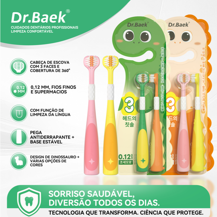 Dr.Baek Kit Escova de Dente Infantil, Cerdas Macias de 0,12 mm, Design Ergonômico, 2un