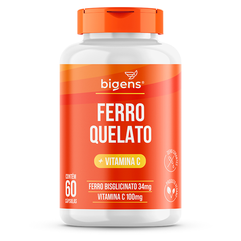 Ferro Quelato 34mg + Vitamina C 100mg ( Por Cápsula ) | 60 Cápsulas | Vegano | Bigens