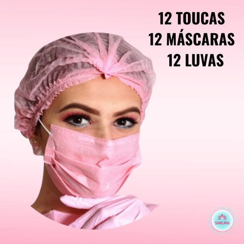 Kit de 12 Luvas, 12  Máscaras TNT Tripla e 12 Toucas Descartáveis  cores Rosa, Lilás, Preto, Azul e