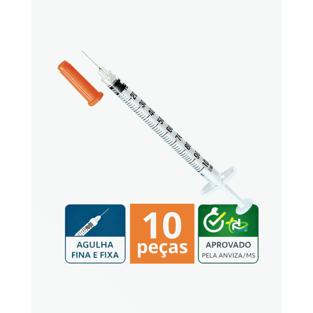 Seringa Insulina 1mL Agulha Ultra Fina 8x0,30mm  - Kit 10 unidades