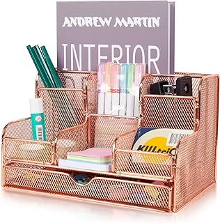 Barelove Organizador de mesa em ouro rosa com gaveta deslizante, suporte grande para lápis de mesa