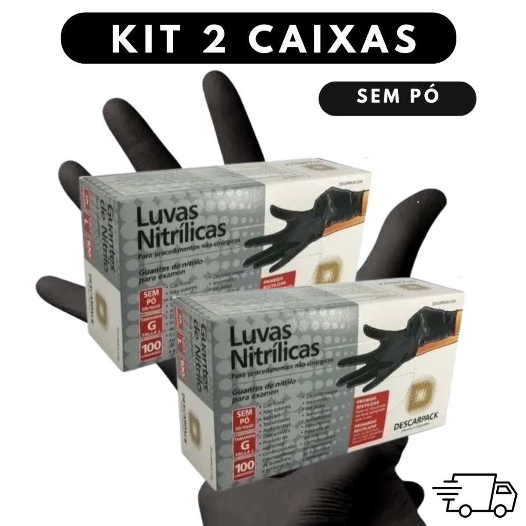 Kit 2 Luva Nitrilica Preta Sem Pó Descartavel 200 Unidades