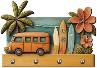 Porta-chaves Decorativo de Parede 2D com Efeito 3D, Tema Praia, Kombi, Prancha, Mar e Surf, Estilo