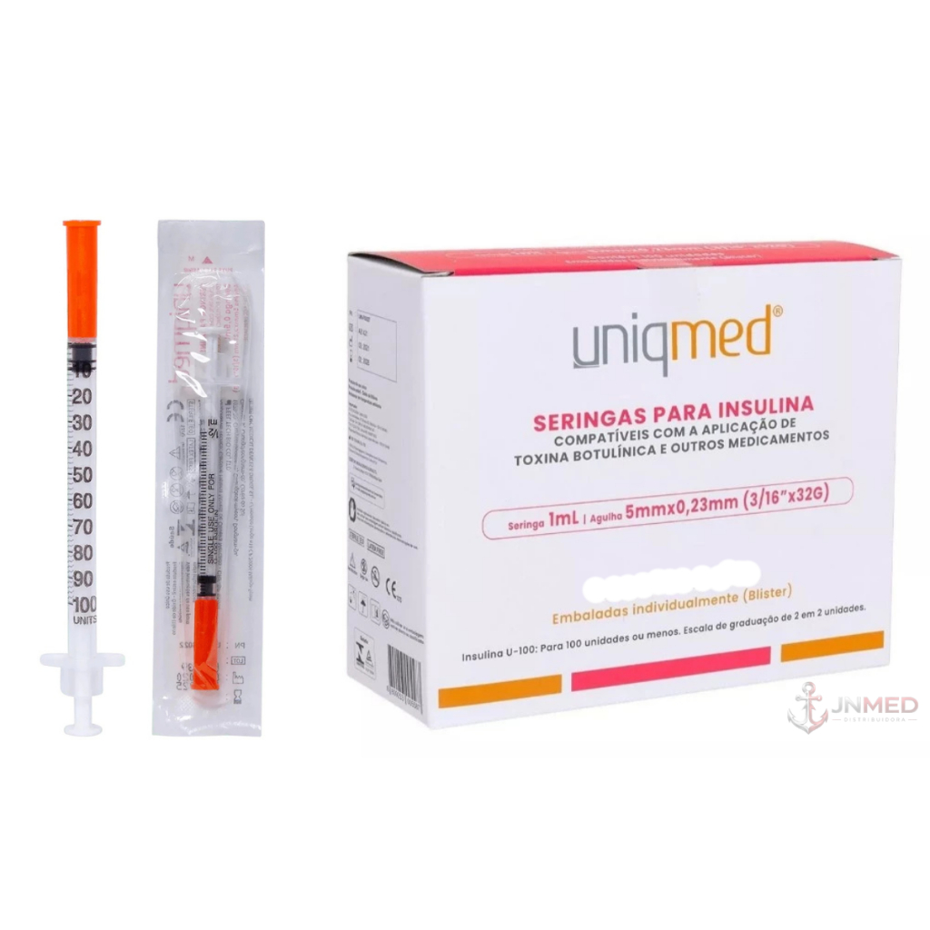 Seringa 1ml C/ Agulha Fixa 5x0.23mm Kit Até 20 Unidades Uniqmed