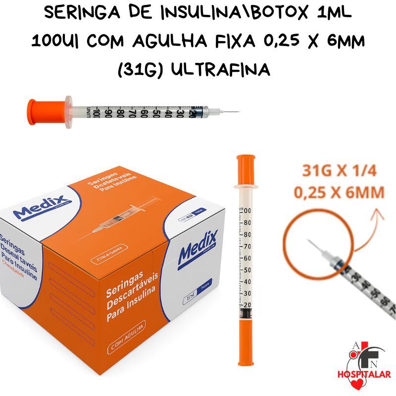 Seringa de Insulina e botox 1ml 100UI com Agulha Fixa 0,25 x 6mm (31G 1/4) UltraFina
