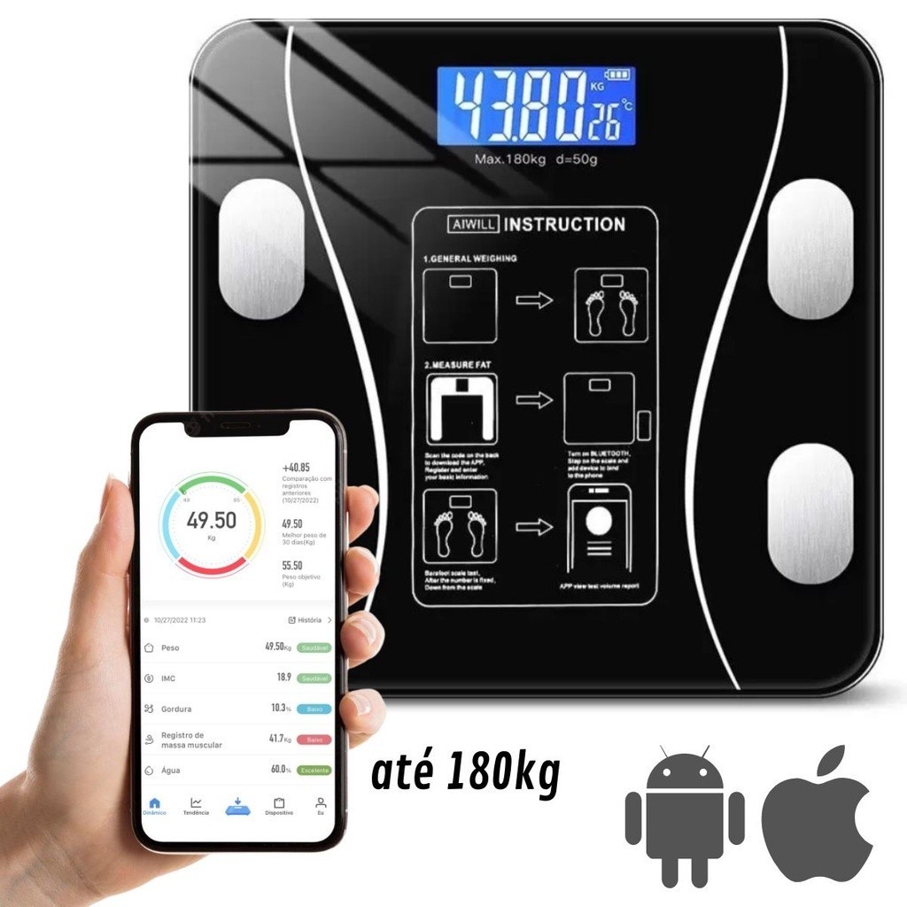 Balança Corporal Bioimpedância Profissional Bluetooth Balança Digital até 180kg Resultado no Celular