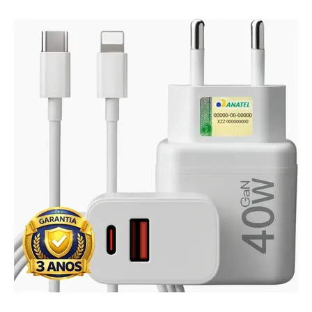 Carregador Turbo 40w Compativel Com iPhone 8 X Xr 11 12 13 14 Pro Max Usb Tipo C Duplo Branco