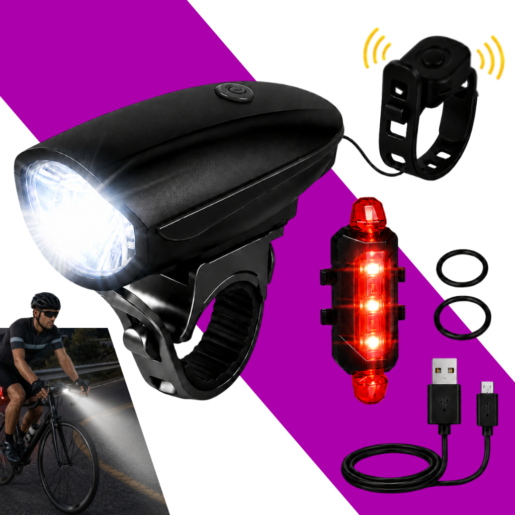 Kit Lanterna E Farol Bike Com Buzina Recarregável Sinalizador Traseiro Bicicleta Led Sinalização