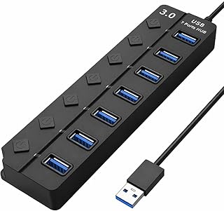 Hub USB 3.0 Com 7 Portas, Cabo USB Integrado, Botão Liga e Desliga Individual, LED de Sinalização,