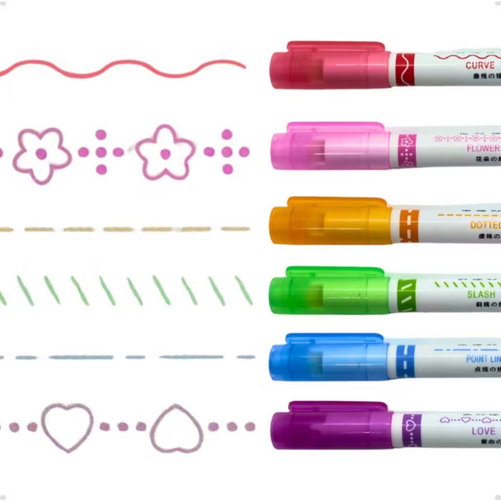 Kit Caneta Carimbo Roller 6 Unidades Cores e Desenhos Diferentes Papelaria Fofa Marca Texto Kawaii