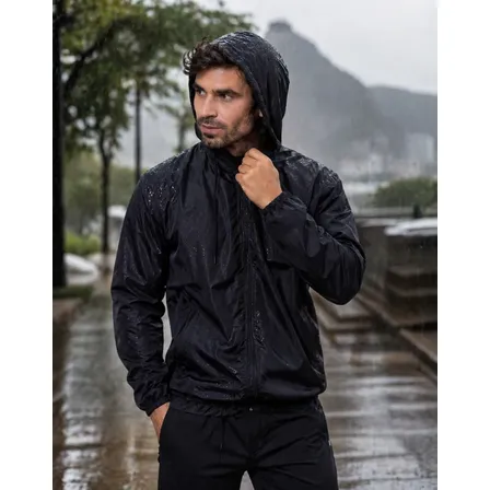 Jaqueta Corta Vento Masculina Impermeável Capuz Zíper Bolso Preto G Lisa