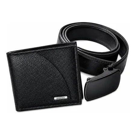 Kit De Carteira E Cinto Masculina Em Couro Sintético Preto