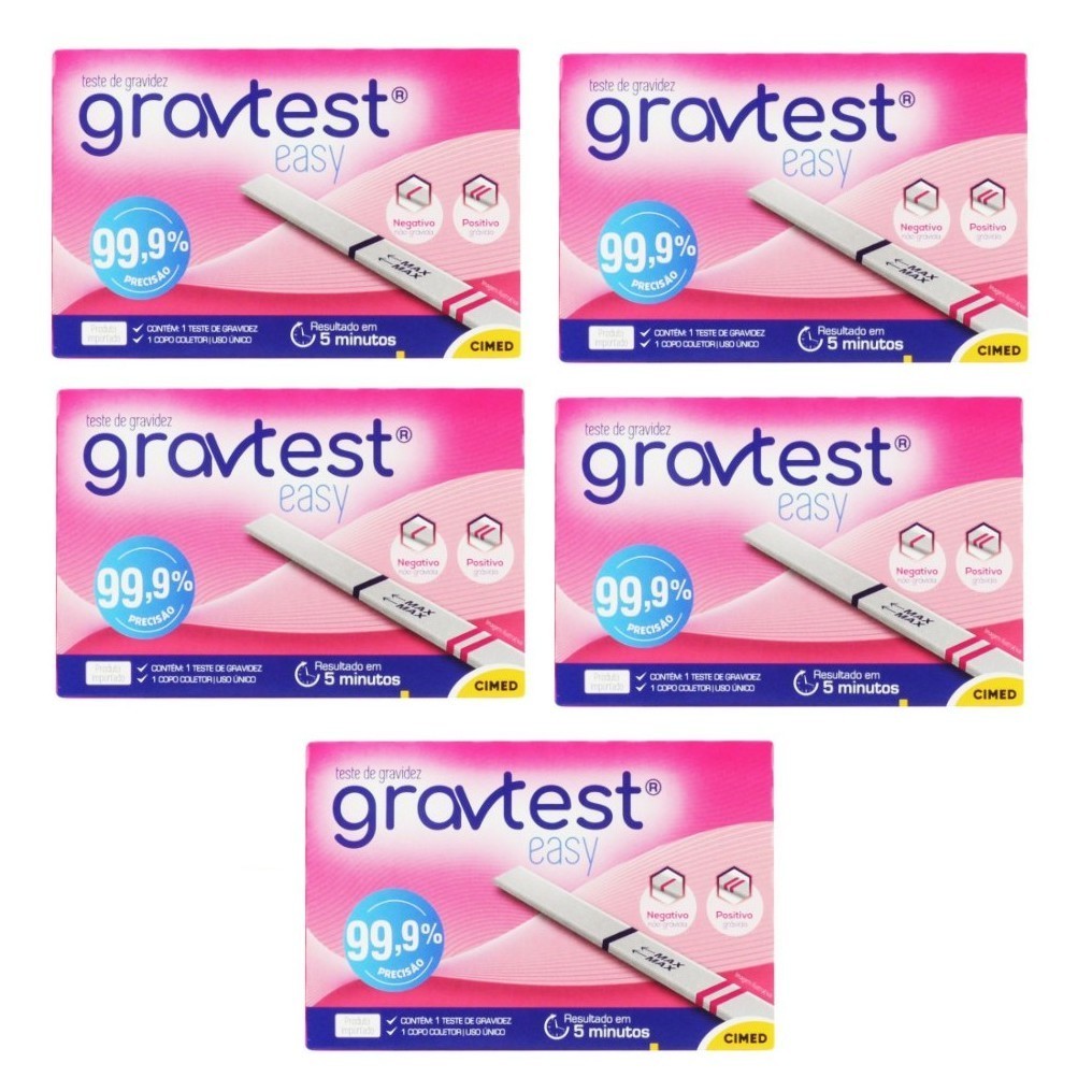 Kit com 5 Teste de Gravidez Gravtest Easy Cimed 99,9% Precisão