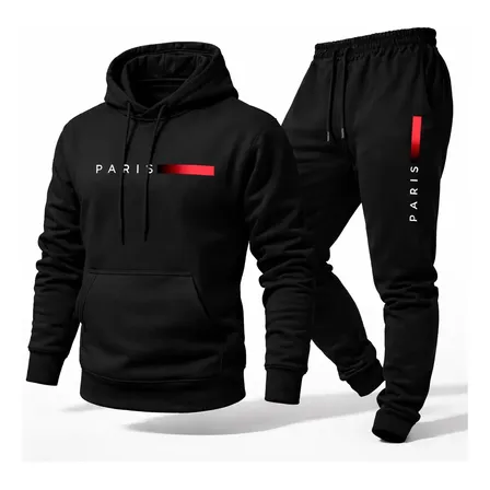 Conjunto Moletom Calça Unissex Paris Canguru Casaco Frio G Preto