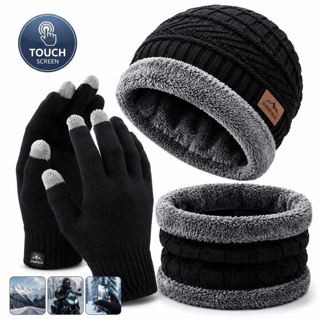 Kit Inverno Touca Forrada + Luva Touch Screen + Cachecol Gola Quente Unissex Frio Masculino Feminino