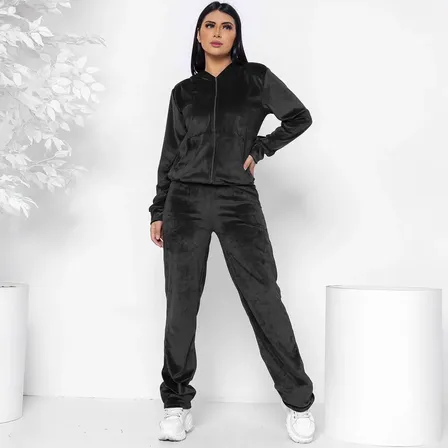 Conjunto Veludo Feminino Moletom Malha Plush Manga Longa G Preto
