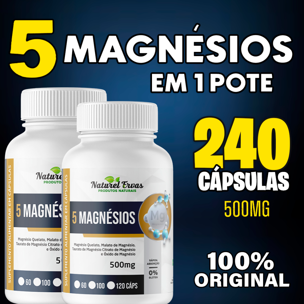 Suplemento 5 Magnésios 100% Original 120 Capsulas 500mg (Magnésio Quelato, Malato, Taurato, Citrato