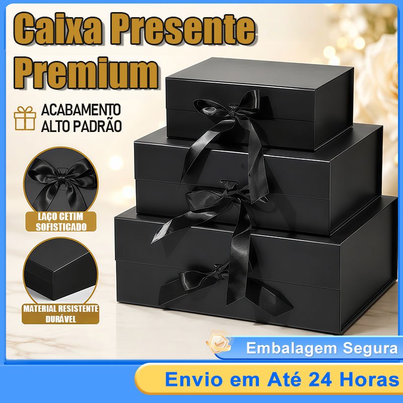 Caixa Presente Rigida Dobrável Preta Fecho Magnético Fita Cetim Caixa Papelão para Aniversário 3