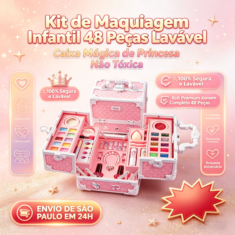 Conjunto de Maquiagem Infantil Não Tóxico e Lavável em Maleta, Brinquedo Seguro Completo para