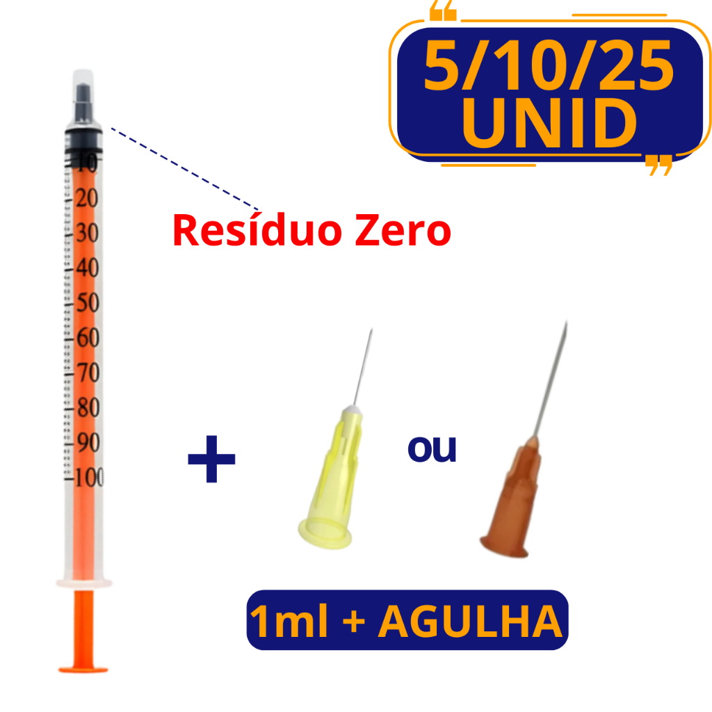 Seringa Insulina 1ml (100UI) + Agulha 13x0,45 ou 13x0,30 - Medix - 5/10/25 Unidades