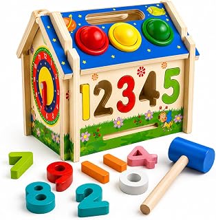 Cubo de Atividades Multifuncional Infantil em Madeira com Martelo, Engrenagens, Encaixe de Números e Botões Interativos – Brinquedo Educativo para Coordenação e Aprendizado