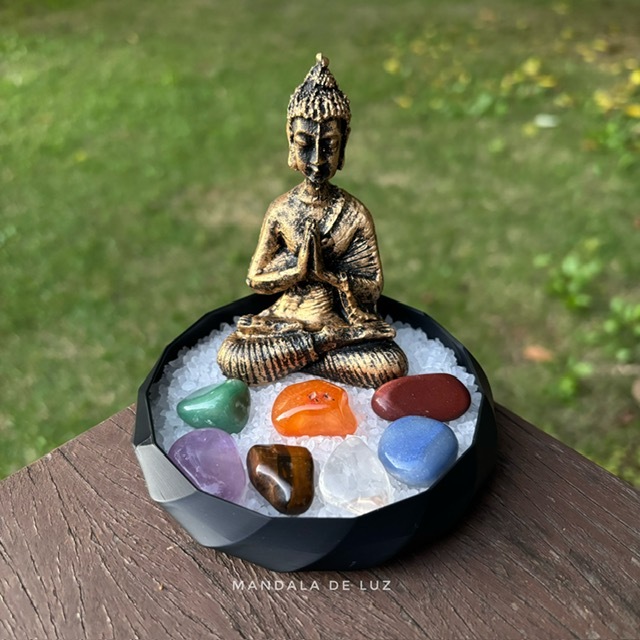 Combo Buda + 7 Pedras dos Chakras 100% Naturais + Recipiente Preto + Sal grosso Sete Cristais Chacra