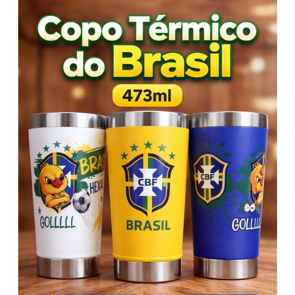 Copo Termico 473ml Personalizado Brasil Com Abridor integrado e Tampa - Tema Copa do Mundo
