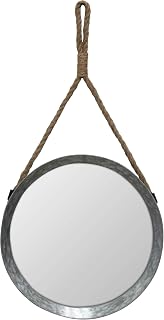 Stonebriar Espelho de metal galvanizado redondo rústico com laço para pendurar em corda; decoração de casa de fazenda; para banheiro, quarto e sala de estar