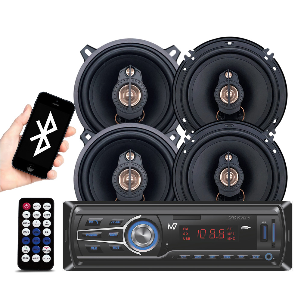 KIT Som Completo M7 Rádio Bluetooth Usb C/ Controle  + 1 Par Falante 5 Pol + 1 Par Falante 6 Pol  Total 220w RMS