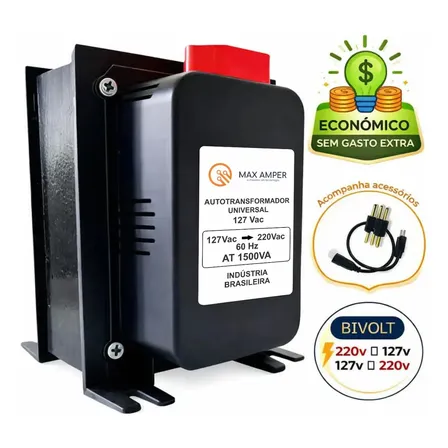 Auto Transformador 1500va 110v P/ 220v 220v P/ 110v Conversor Energia max amper Preto