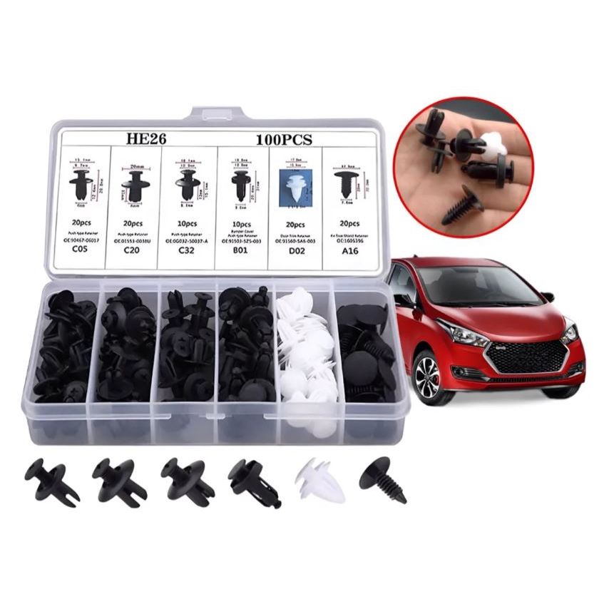 Kit 100 Grampo Presilha Automotiva Prendedor Hibrido De Clipes De Fixação De Peças Pino Parachoque Carro Universal