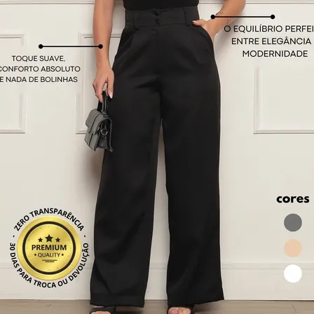 Calça Alfaiataria Feminina Wide Leg Social Cintura Alta