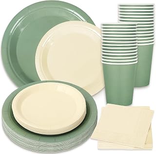 Whaline Conjunto de utensílios de mesa verde sálvia marfim 100 peças descartáveis para casamento,