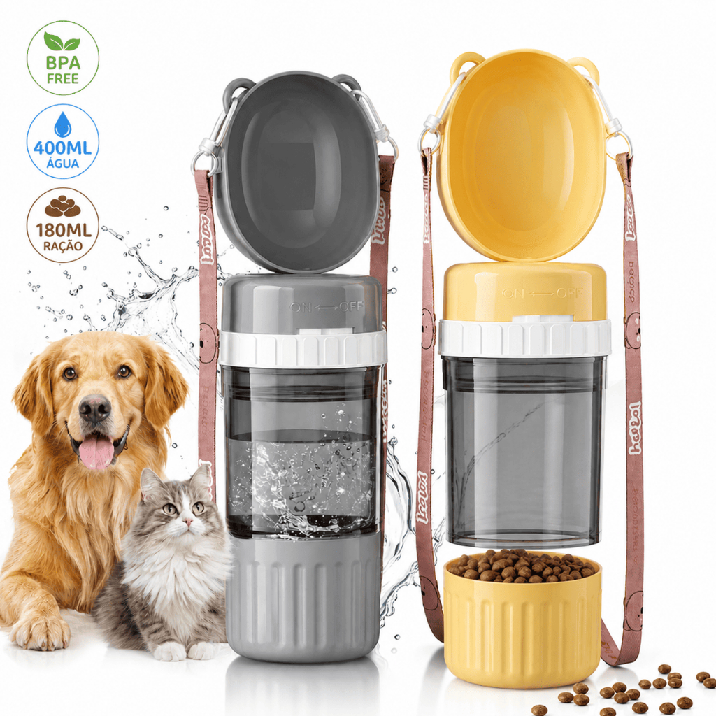 Bebedouro Portátil Pet Com Porta Ração 580ml Garrafa Anti-vazamento para Cachorro e Gato Premium