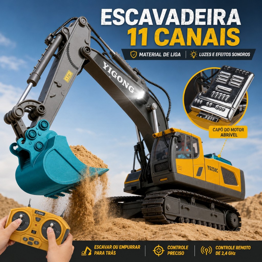Escavadeira RC 2.4GHz Controle Remoto com Esteira em Liga Metálica, Veículo de Construção Infantil para Meninos