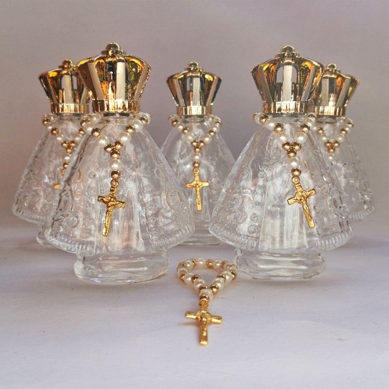 10 Frascos de Vidro Nossa Senhora Aparecida com Mini Terço Lembrancinha para Batizado