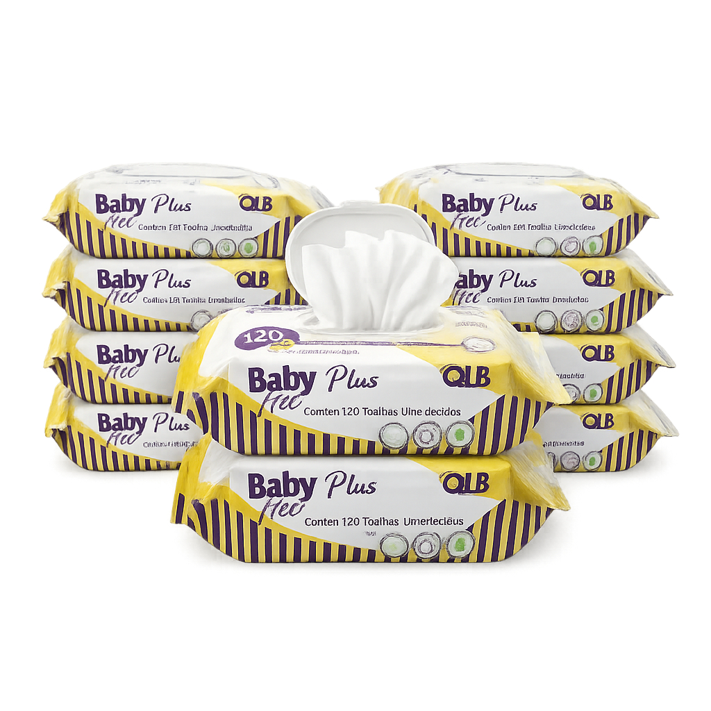 Caixa com 10 Lenços/Toalhas Umedecidas Baby Free Plus c/ 120 Unidades Cada – Tampa FlipTop