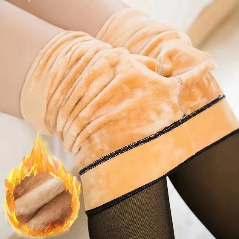 Meia-Calça Térmica Forrada Peluciada Translúcida de Lã Legging Grossa Inverno Quente Feminina Fio