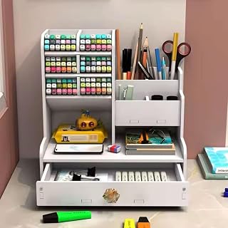 Organizador de Mesa em MDF com Gaveta, Porta Canetas e Nichos, Acabamento Amadeirado para Escritório, Papelaria e Home Office(Branco)