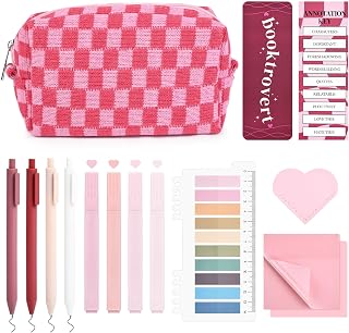 Kit de anotação de livro estético, 14 peças, estojo grande quadriculado para amantes de livros, marcador de página, marca-textos duplos, canetas de gel, material de estudo, conjunto de papelaria para