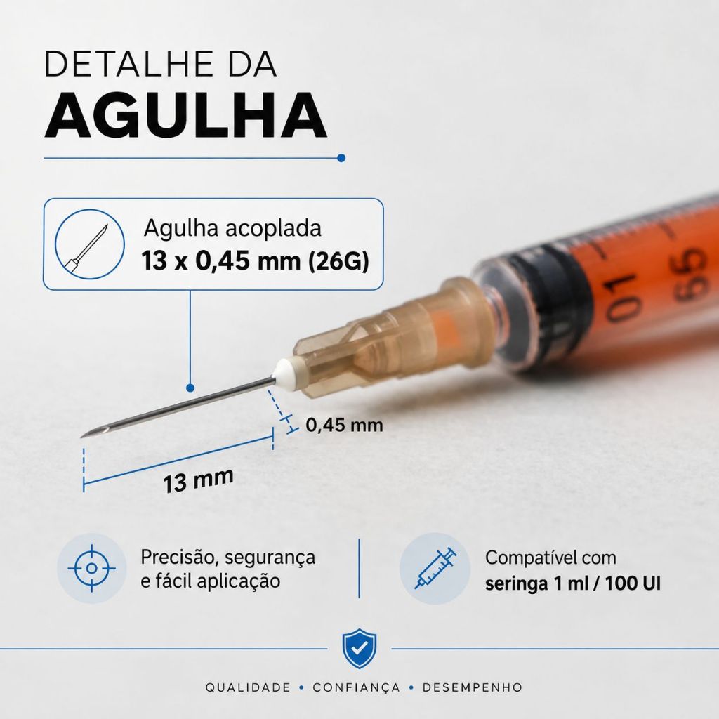 KIT 10/20/30/40/50 SERINGA PARA INSULINA 1ML AGULHA ACOPLADA 13MM X 0,45MM  - ULTRA FINA