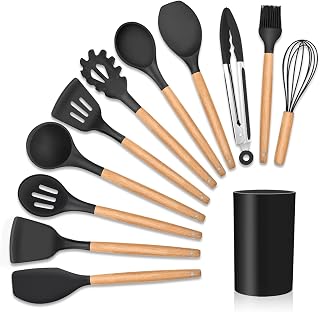Utensílios Cozinha 12 Peças Kit Silicone Cabo de Madeira Antiaderente Colher Copo Suporte Preto